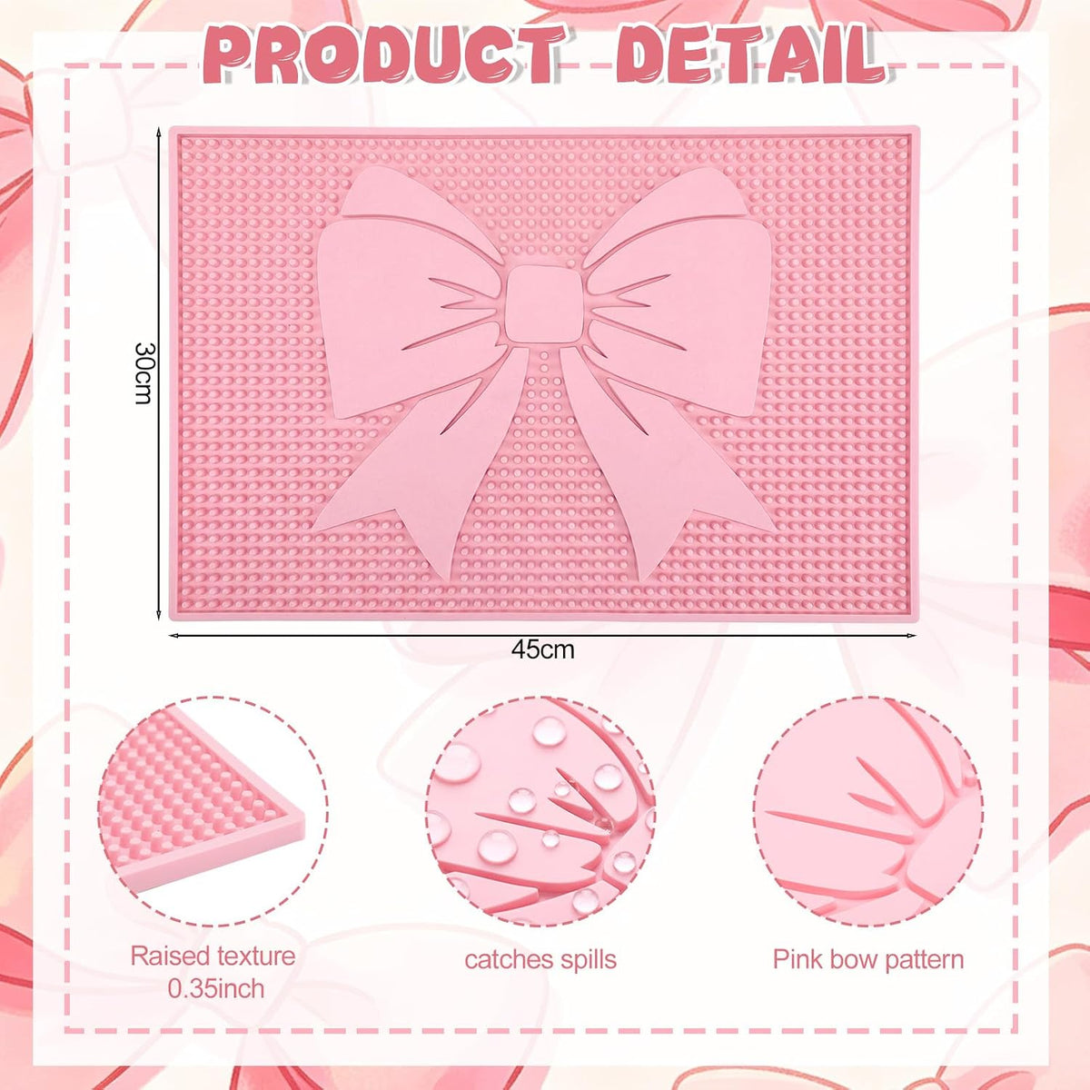 Pink Bow Silicone Coffee Bar Mat 18"X12" Cute Bow Kitchen Mats for Countertop Pink Coffee Bar Accessories Non-Slip Bartender & Spill Decorative Drying Drip Pad for Kitchen