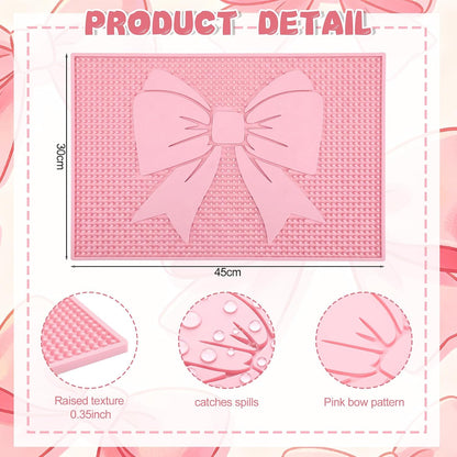 Pink Bow Silicone Coffee Bar Mat 18"X12" Cute Bow Kitchen Mats for Countertop Pink Coffee Bar Accessories Non-Slip Bartender & Spill Decorative Drying Drip Pad for Kitchen