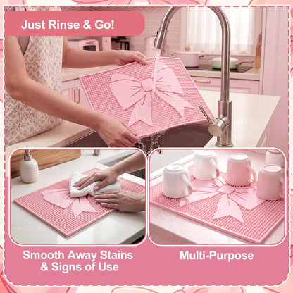 Pink Bow Silicone Coffee Bar Mat 18"X12" Cute Bow Kitchen Mats for Countertop Pink Coffee Bar Accessories Non-Slip Bartender & Spill Decorative Drying Drip Pad for Kitchen