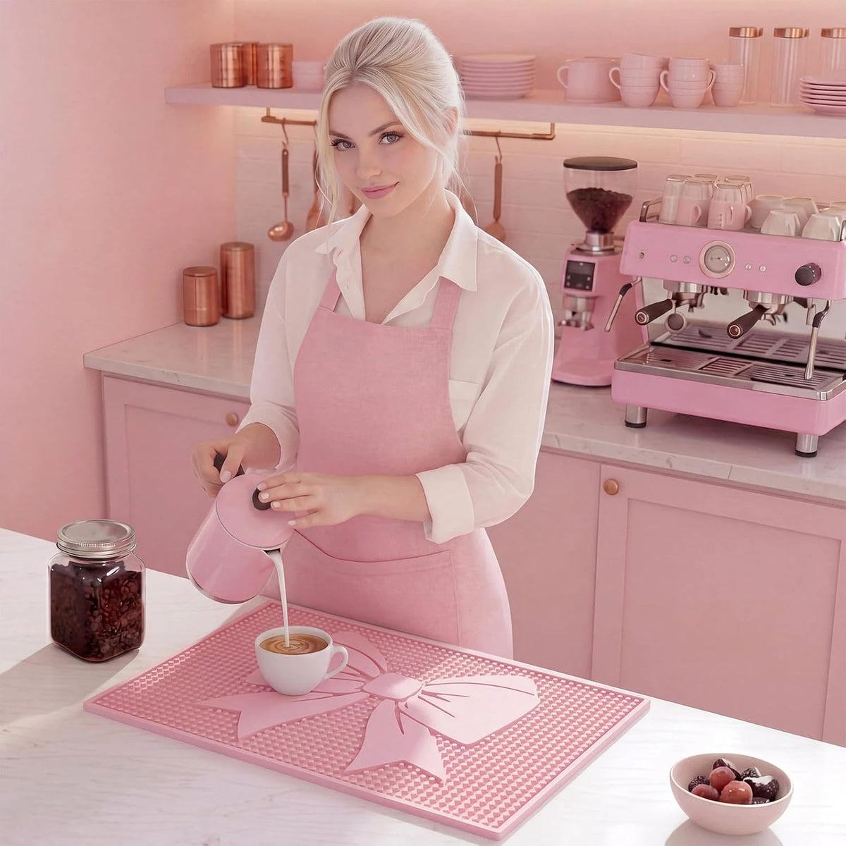 Pink Bow Silicone Coffee Bar Mat 18"X12" Cute Bow Kitchen Mats for Countertop Pink Coffee Bar Accessories Non-Slip Bartender & Spill Decorative Drying Drip Pad for Kitchen