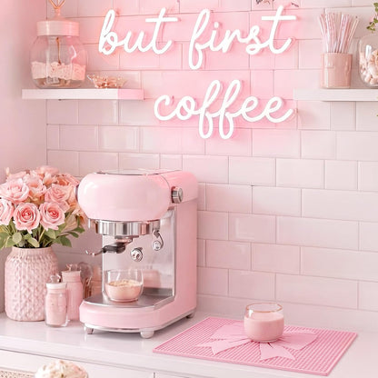 Pink Bow Silicone Coffee Bar Mat 18"X12" Cute Bow Kitchen Mats for Countertop Pink Coffee Bar Accessories Non-Slip Bartender & Spill Decorative Drying Drip Pad for Kitchen