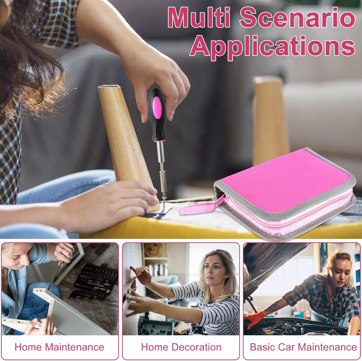 23Pcs Household Repair Tool Kit Multifunctional Pink Home Hand Set with Storage Bag Portable Women Combination with for DIY (Pink)