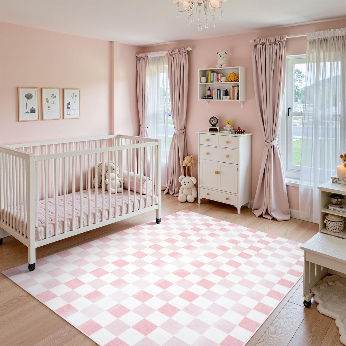 5x7 Pink Checkered Rug for Bedroom Aesthetic Nursery Decor