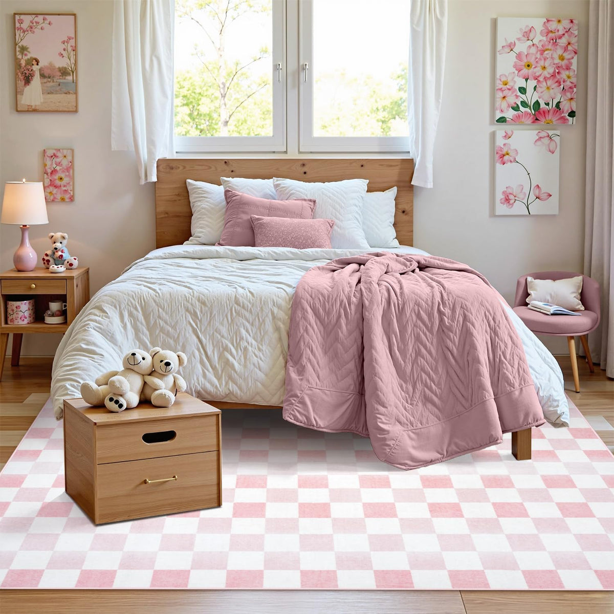 5x7 Pink Checkered Rug for Bedroom Aesthetic Nursery Decor