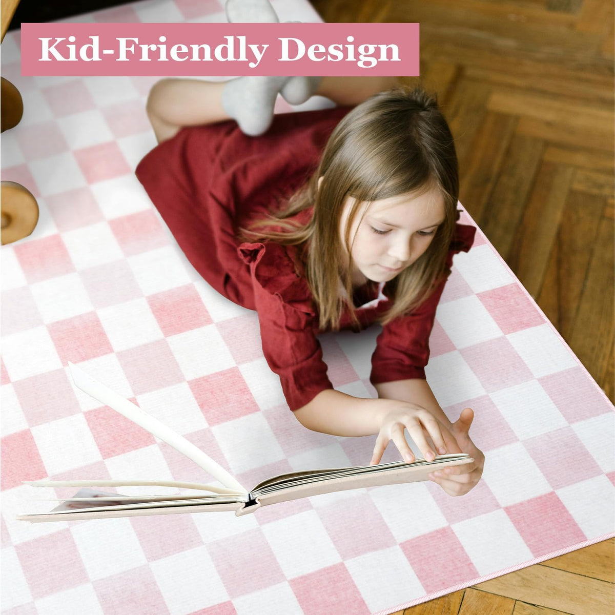 5x7 Pink Checkered Rug for Bedroom Aesthetic Nursery Decor