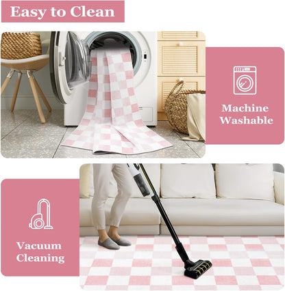 5x7 Pink Checkered Rug for Bedroom Aesthetic Nursery Decor