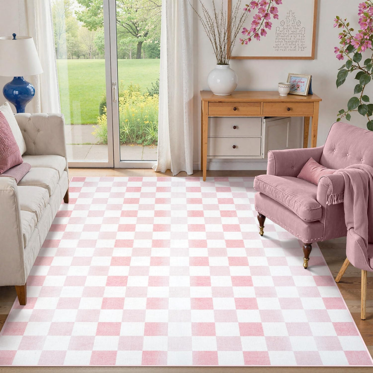5x7 Pink Checkered Rug for Bedroom Aesthetic Nursery Decor