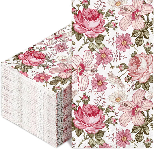 80Pcs Vintage Floral Guest Napkins Pink Boho Floral Disposable Paper Napkins Retro Flower Dinner Hand Towels for Party Supplies Table Decorations