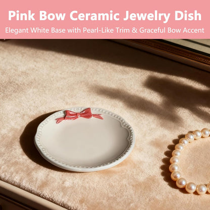 Bow Jewelry Holder Ceramic Pink Dish Cute Coquette Small Tray for Rings and Trinkets Tiny Bowls for Bathroom Vanity Little Ceramic Jewelry Tray for Elegant Organization