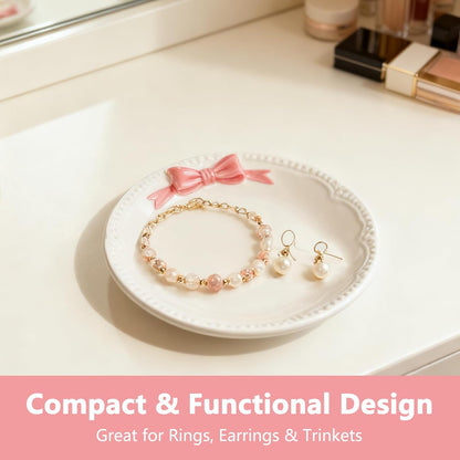 Bow Jewelry Holder Ceramic Pink Dish Cute Coquette Small Tray for Rings and Trinkets Tiny Bowls for Bathroom Vanity Little Ceramic Jewelry Tray for Elegant Organization