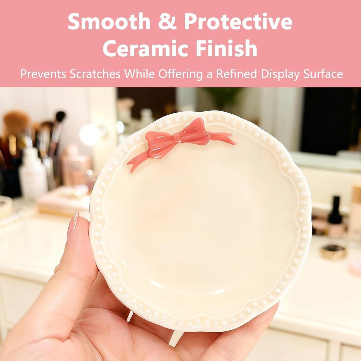 Bow Jewelry Holder Ceramic Pink Dish Cute Coquette Small Tray for Rings and Trinkets Tiny Bowls for Bathroom Vanity Little Ceramic Jewelry Tray for Elegant Organization