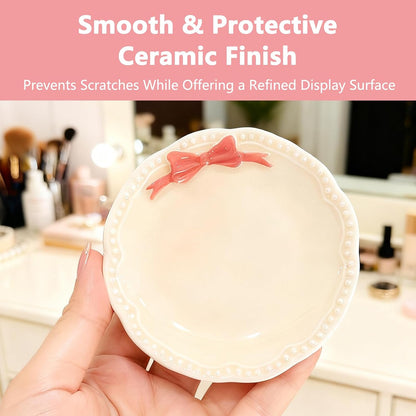 Bow Jewelry Holder Ceramic Pink Dish Cute Coquette Small Tray for Rings and Trinkets Tiny Bowls for Bathroom Vanity Little Ceramic Jewelry Tray for Elegant Organization