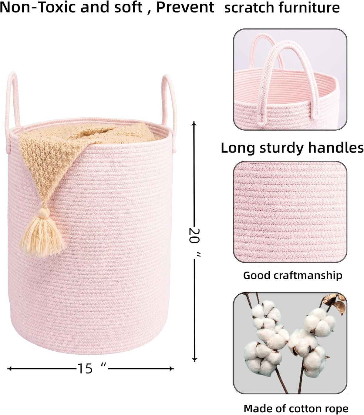 Woven Cotton Rope Laundry Basket, 15" x 20" Laundry Hamper, Pink
