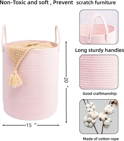 Woven Cotton Rope Laundry Basket, 15" x 20" Laundry Hamper, Pink