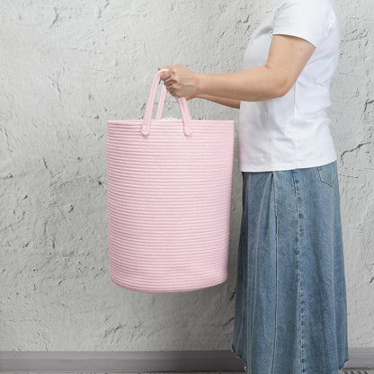 Woven Cotton Rope Laundry Basket, 15" x 20" Laundry Hamper, Pink