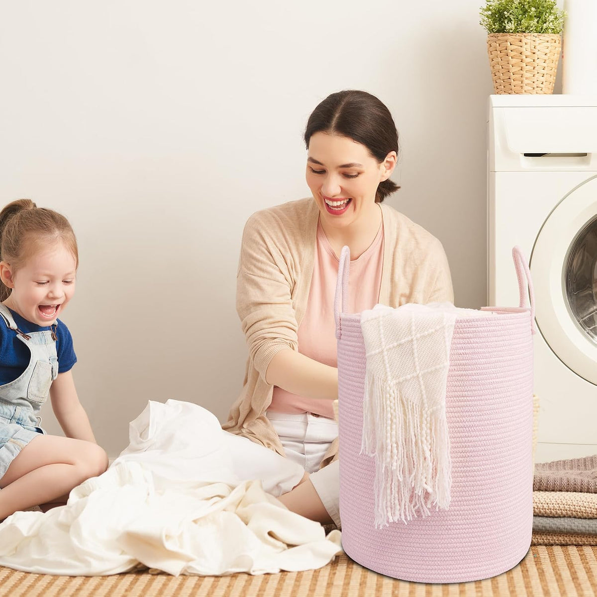 Woven Cotton Rope Laundry Basket, 15" x 20" Laundry Hamper, Pink