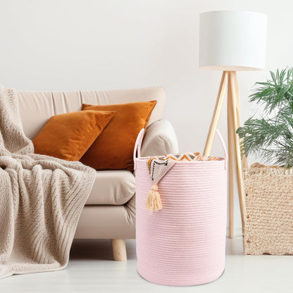 Woven Cotton Rope Laundry Basket, 15" x 20" Laundry Hamper, Pink