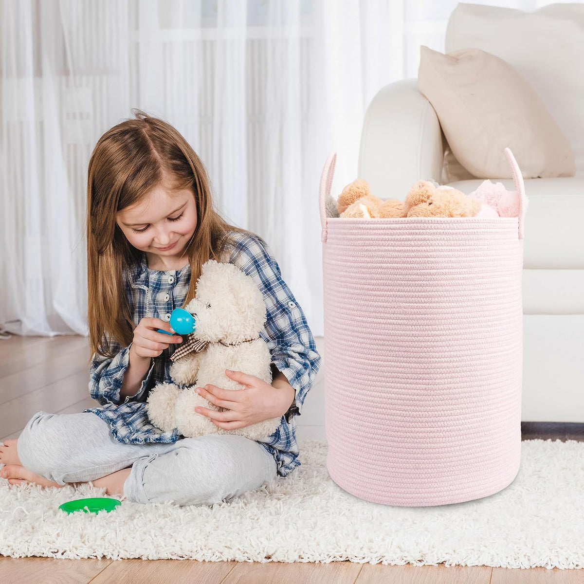 Woven Cotton Rope Laundry Basket, 15" x 20" Laundry Hamper, Pink