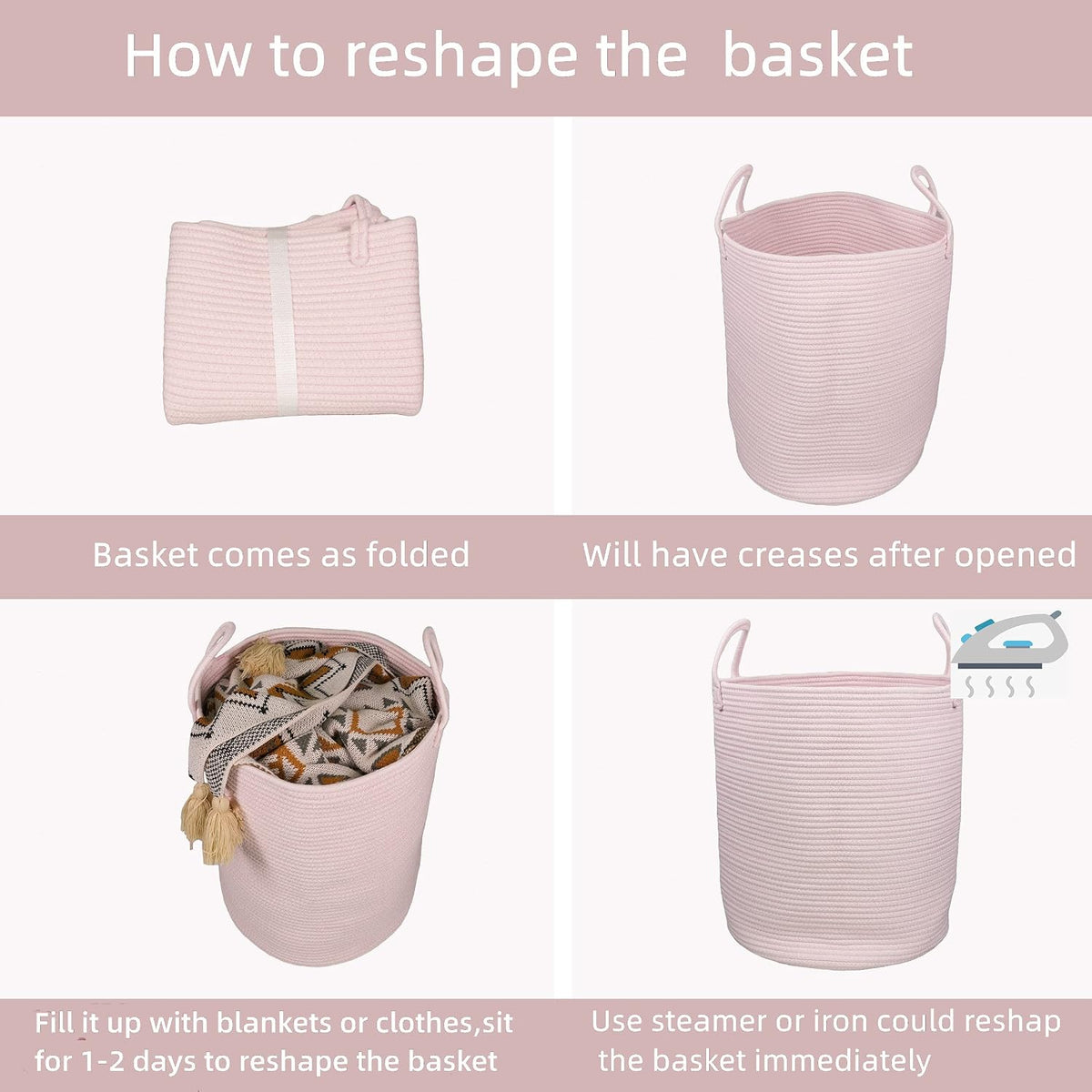 Woven Cotton Rope Laundry Basket, 15" x 20" Laundry Hamper, Pink