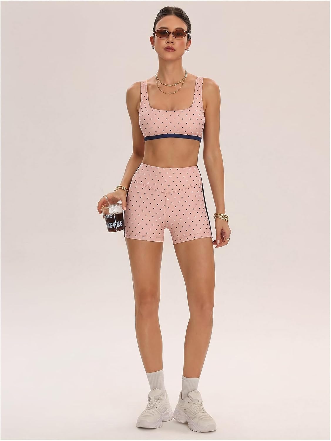 Women's Polka Dots Workout Set Layered Yoga Outfit with Shorts