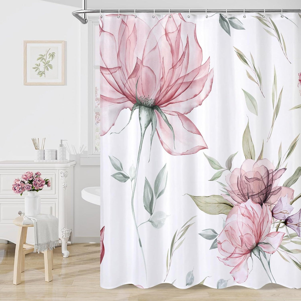 Pink Boho Floral Shower Curtain, Watercolor Botanical Design, 72 x 72