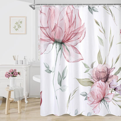 Pink Boho Floral Shower Curtain, Watercolor Botanical Design, 72 x 72