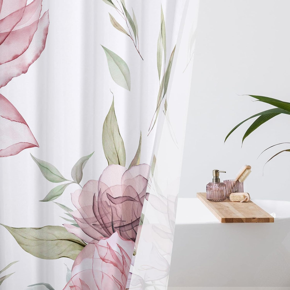 Pink Boho Floral Shower Curtain, Watercolor Botanical Design, 72 x 72