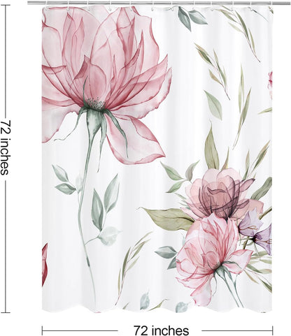 Pink Boho Floral Shower Curtain, Watercolor Botanical Design, 72 x 72
