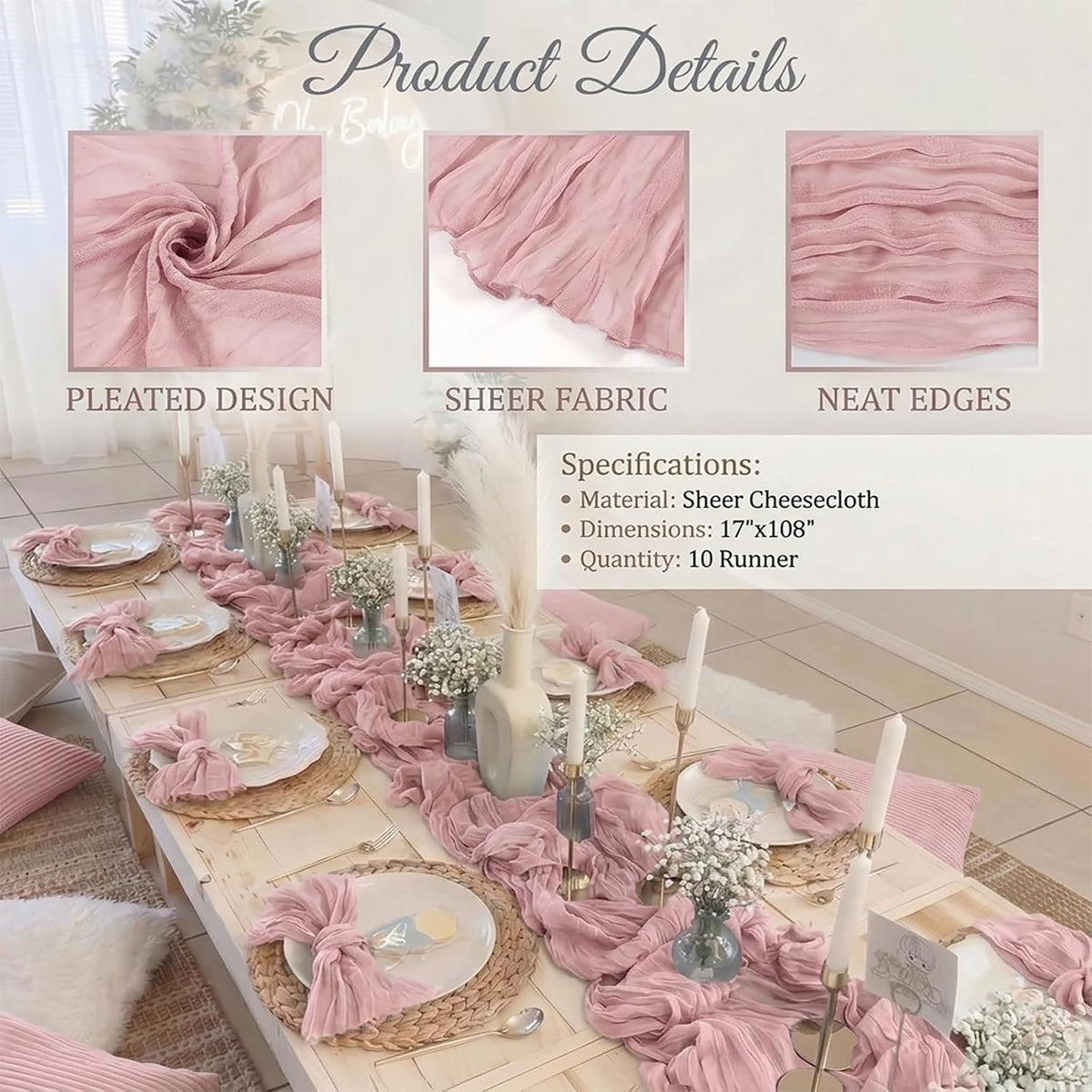 10 Pack Light Pink Cheesecloth Table Runner, 17x108 Inch