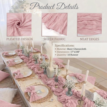 10 Pack Light Pink Cheesecloth Table Runner, 17x108 Inch