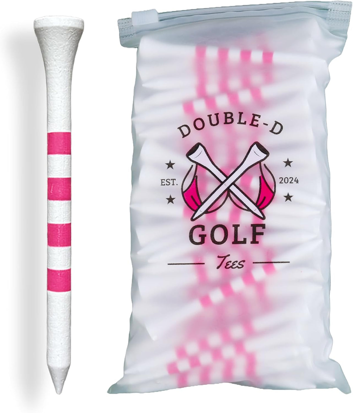 Bamboo Golf Tees Supporting Breast Cancer Research | Profit Donation | Two Size Options (2 3/4" & 3 1/4") | Striped Pink and White | Biodegradable & Eco-Friendly