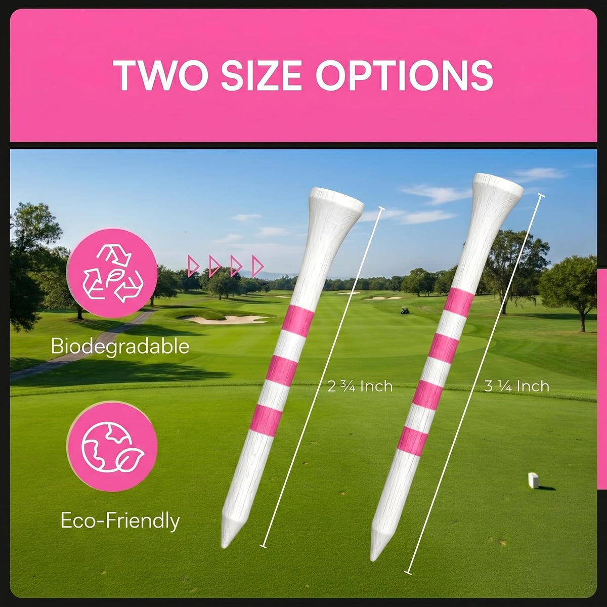 Bamboo Golf Tees Supporting Breast Cancer Research | Profit Donation | Two Size Options (2 3/4" & 3 1/4") | Striped Pink and White | Biodegradable & Eco-Friendly