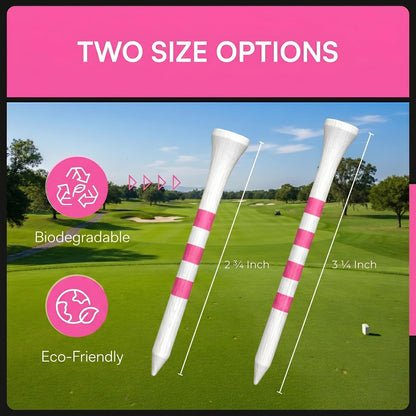 Bamboo Golf Tees Supporting Breast Cancer Research | Profit Donation | Two Size Options (2 3/4" & 3 1/4") | Striped Pink and White | Biodegradable & Eco-Friendly