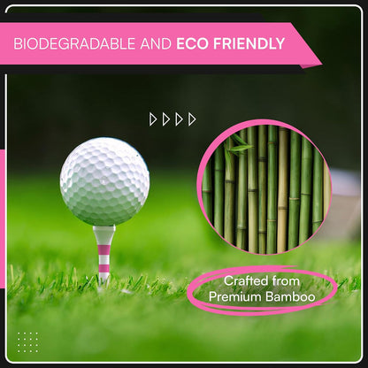 Bamboo Golf Tees Supporting Breast Cancer Research | Profit Donation | Two Size Options (2 3/4" & 3 1/4") | Striped Pink and White | Biodegradable & Eco-Friendly