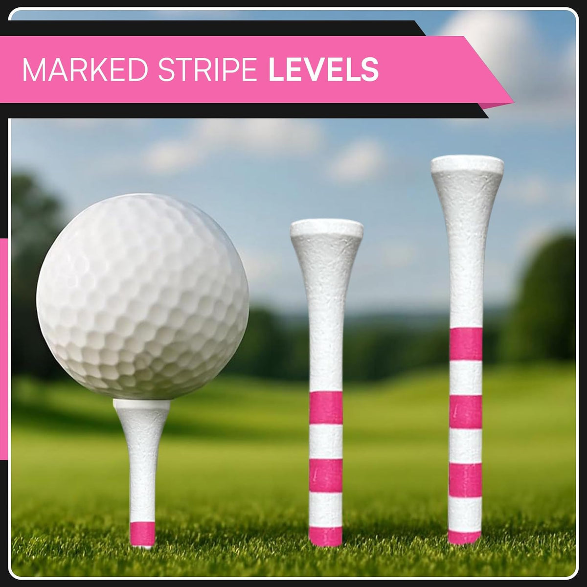 Bamboo Golf Tees Supporting Breast Cancer Research | Profit Donation | Two Size Options (2 3/4" & 3 1/4") | Striped Pink and White | Biodegradable & Eco-Friendly