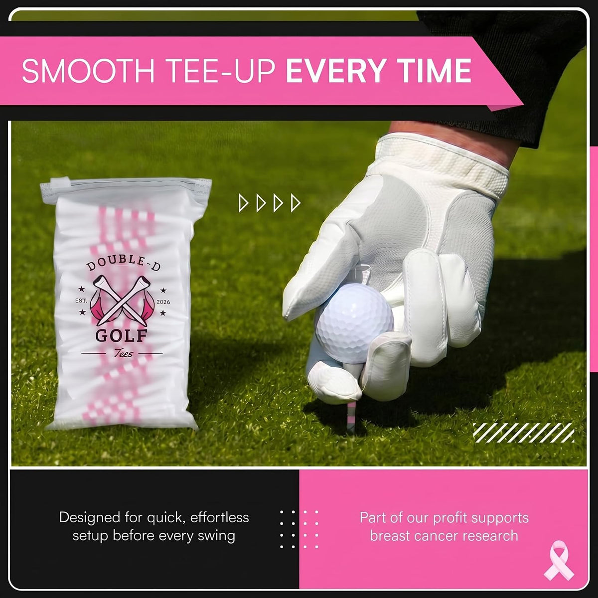 Bamboo Golf Tees Supporting Breast Cancer Research | Profit Donation | Two Size Options (2 3/4" & 3 1/4") | Striped Pink and White | Biodegradable & Eco-Friendly
