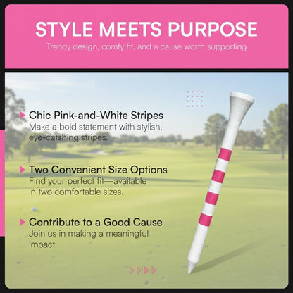 Bamboo Golf Tees Supporting Breast Cancer Research | Profit Donation | Two Size Options (2 3/4" & 3 1/4") | Striped Pink and White | Biodegradable & Eco-Friendly