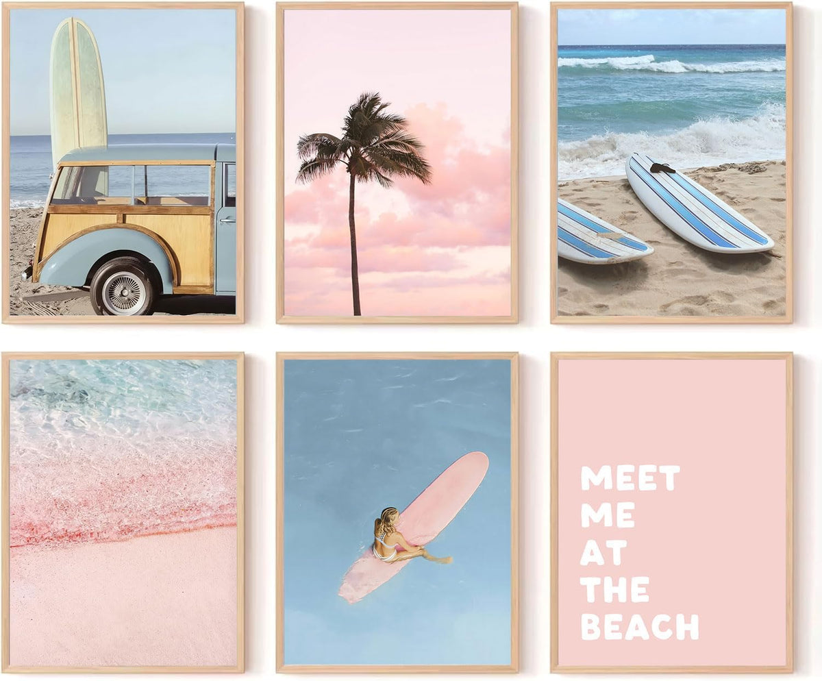 6Pcs Pastel Beach Wall Art Prints Pink Blue Coastal Granddaughter Wall Decor Pictures Summer Beachy Palm Trees Aesthetic Posters for Girly Bedroom Dorm Apartment Home Decoration Unframed 8x10in