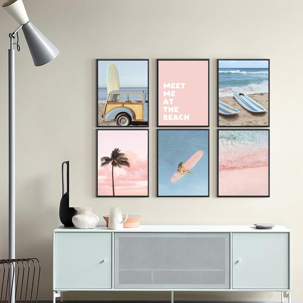 6Pcs Pastel Beach Wall Art Prints Pink Blue Coastal Granddaughter Wall Decor Pictures Summer Beachy Palm Trees Aesthetic Posters for Girly Bedroom Dorm Apartment Home Decoration Unframed 8x10in