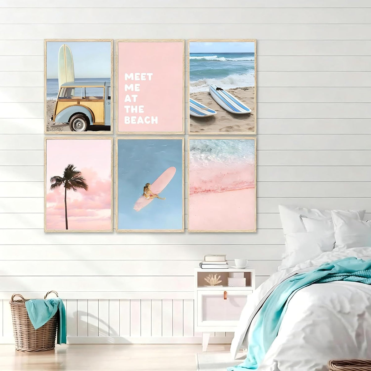 6Pcs Pastel Beach Wall Art Prints Pink Blue Coastal Granddaughter Wall Decor Pictures Summer Beachy Palm Trees Aesthetic Posters for Girly Bedroom Dorm Apartment Home Decoration Unframed 8x10in