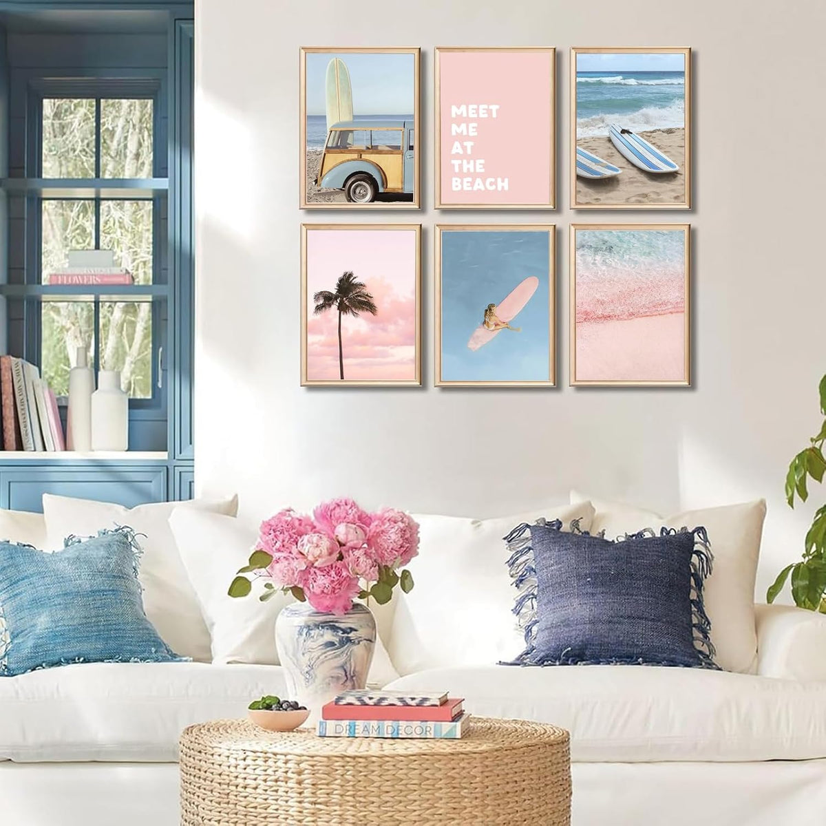 6Pcs Pastel Beach Wall Art Prints Pink Blue Coastal Granddaughter Wall Decor Pictures Summer Beachy Palm Trees Aesthetic Posters for Girly Bedroom Dorm Apartment Home Decoration Unframed 8x10in