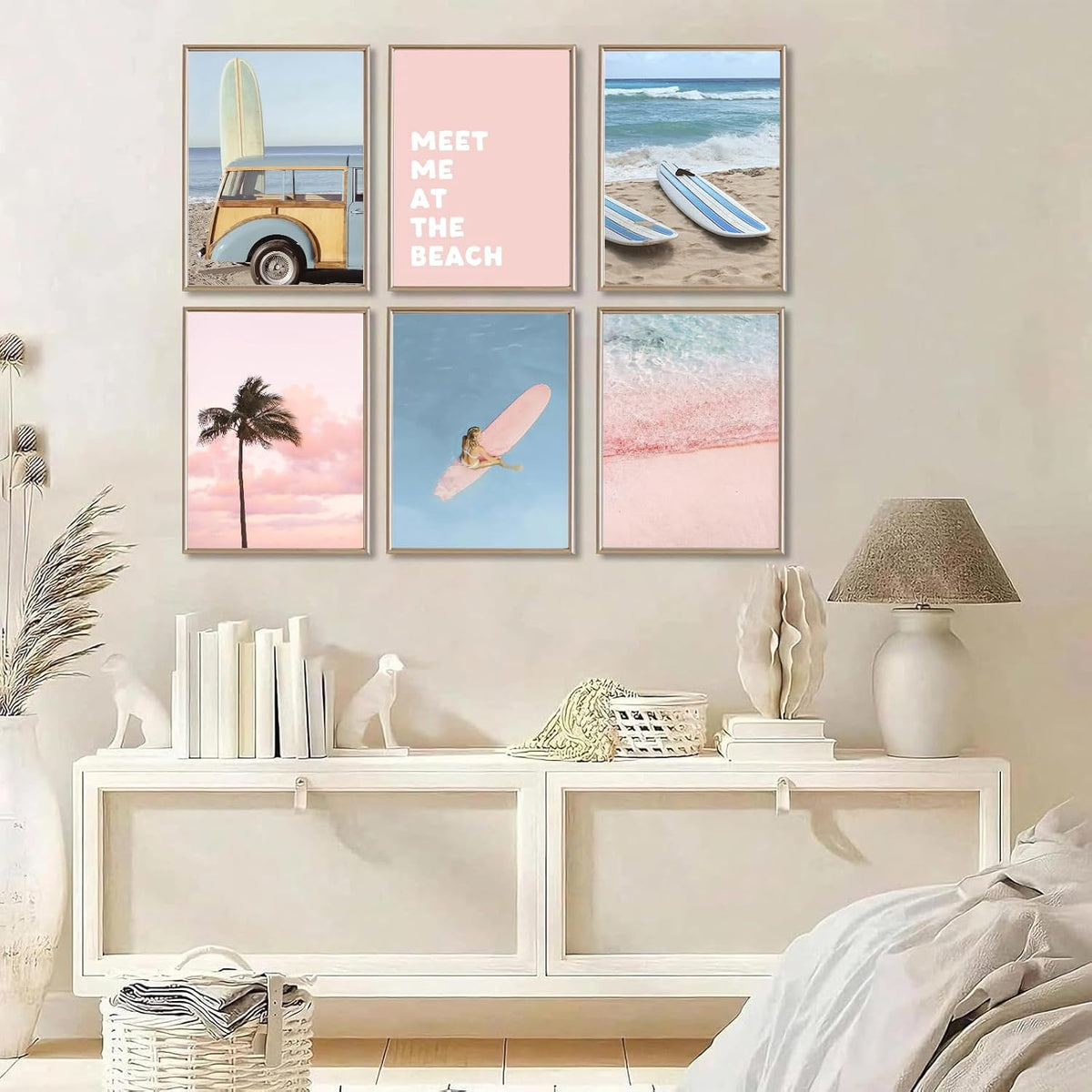 6Pcs Pastel Beach Wall Art Prints Pink Blue Coastal Granddaughter Wall Decor Pictures Summer Beachy Palm Trees Aesthetic Posters for Girly Bedroom Dorm Apartment Home Decoration Unframed 8x10in
