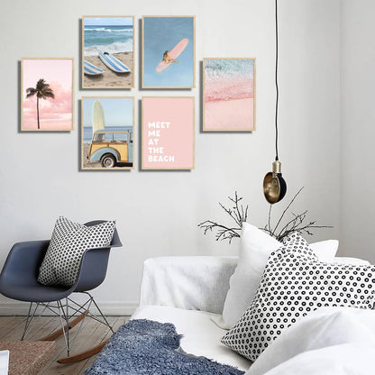 6Pcs Pastel Beach Wall Art Prints Pink Blue Coastal Granddaughter Wall Decor Pictures Summer Beachy Palm Trees Aesthetic Posters for Girly Bedroom Dorm Apartment Home Decoration Unframed 8x10in