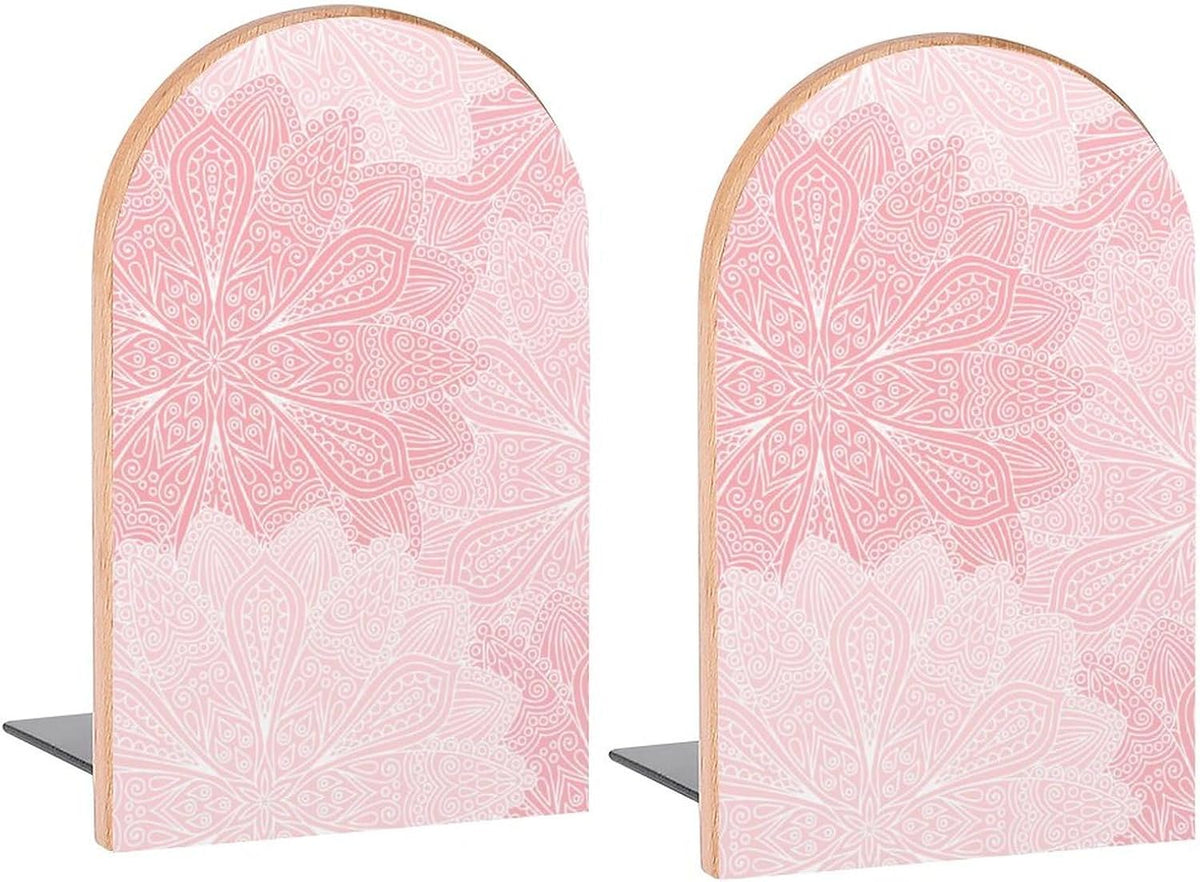 Boho Mandala Pink Flowers Book Ends Decorative Wood Bookends for Shelves Kids Room Desk Home Office Book Stoppers for Magazines,Books, DVDs, 1 Pair/2 Pieces(5x3.1 in)