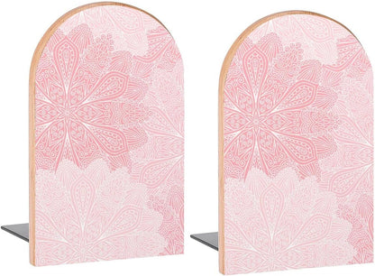 Boho Mandala Pink Flowers Book Ends Decorative Wood Bookends for Shelves Kids Room Desk Home Office Book Stoppers for Magazines,Books, DVDs, 1 Pair/2 Pieces(5x3.1 in)