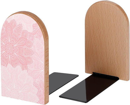 Boho Mandala Pink Flowers Book Ends Decorative Wood Bookends for Shelves Kids Room Desk Home Office Book Stoppers for Magazines,Books, DVDs, 1 Pair/2 Pieces(5x3.1 in)