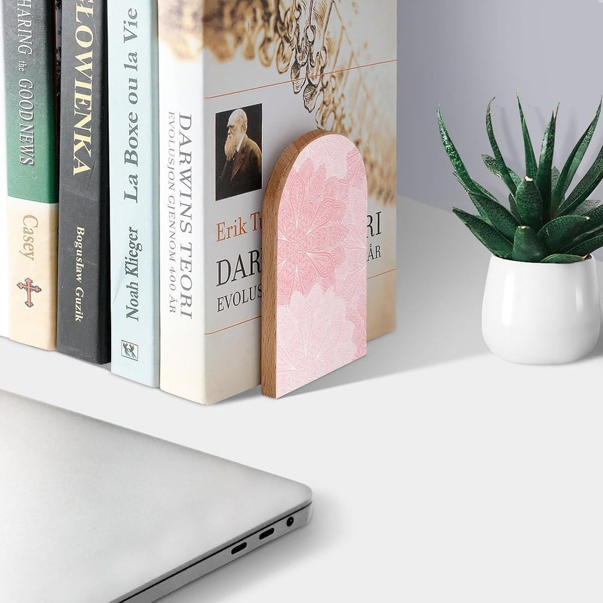 Boho Mandala Pink Flowers Book Ends Decorative Wood Bookends for Shelves Kids Room Desk Home Office Book Stoppers for Magazines,Books, DVDs, 1 Pair/2 Pieces(5x3.1 in)