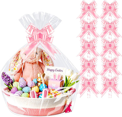 Cellophane Bags for Gift Baskets, 24x30 in, 10 Pack, Pink Bows