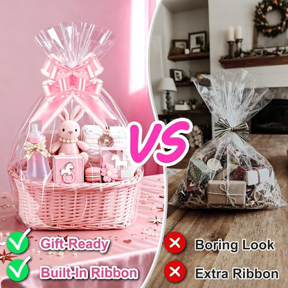 Cellophane Bags for Gift Baskets, 24x30 in, 10 Pack, Pink Bows
