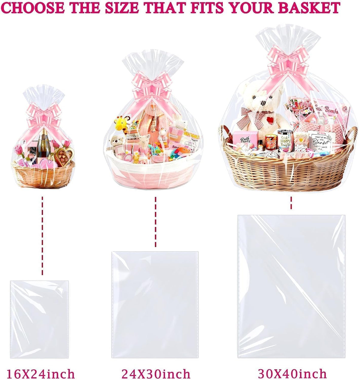 Cellophane Bags for Gift Baskets, 24x30 in, 10 Pack, Pink Bows
